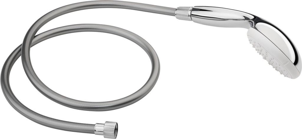 A silver shower hose and head on a white background.