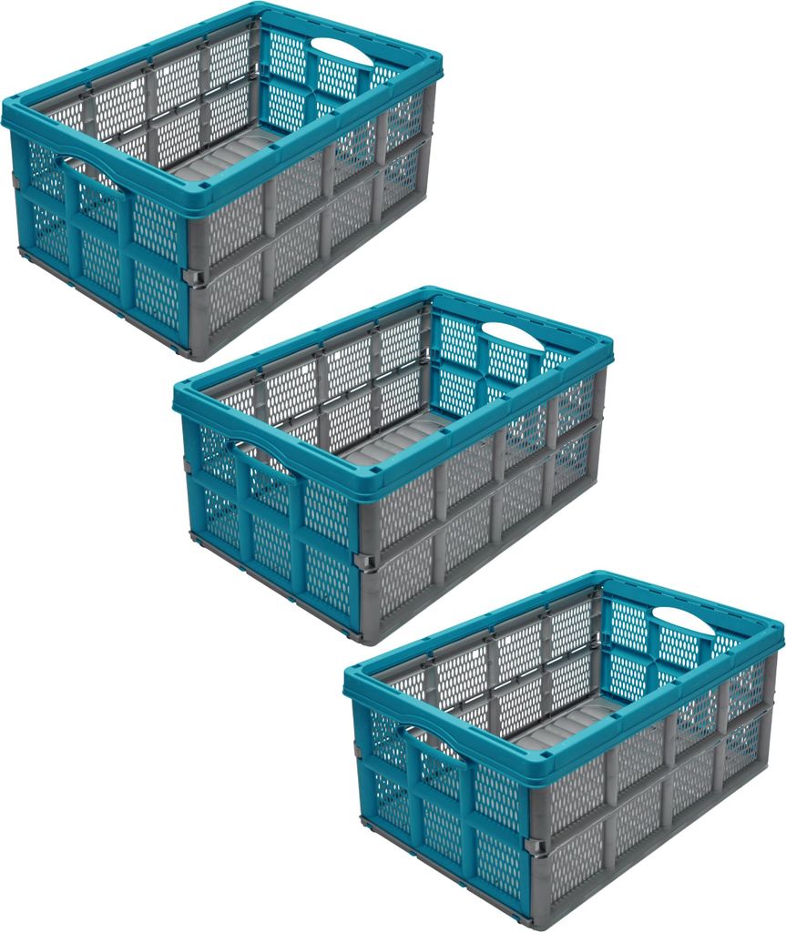 Garronda 3 Stück Transportbox Klappbox Klappkiste Faltbox Faltkiste 51 x 34,5 x 22,5 cm (Grau/Türkis) GD-CRI-FoldBox