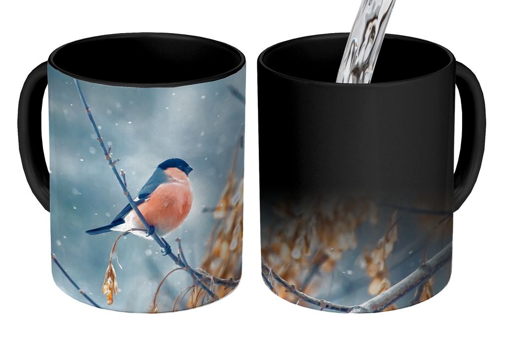 KitchenYeah Zauber Tasse Zaubertasse Magic Rotkehlchen - Vogel - Schnee - Herbstliche Blätter 350 ml Farbwechsel Becher Geschenk Geschenkidee - ...