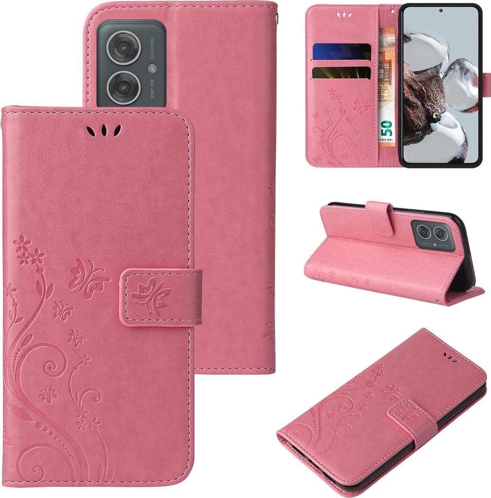 Handyhülle für Motorola Moto G55 5G Floral Blumen Schmetterling Flip Cover Hülle Case Klapphülle Handytasche Farbe: Rosegold