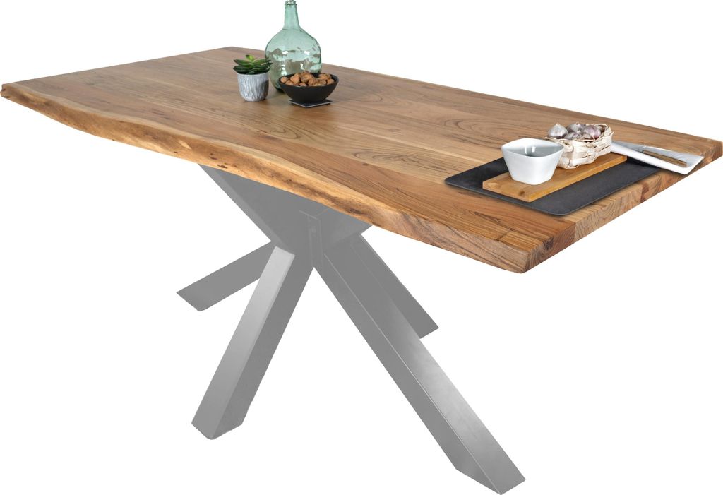 Esstisch Baumkante massiv Akazie Natur 300 x 100 Spider-Gestell silber TIM