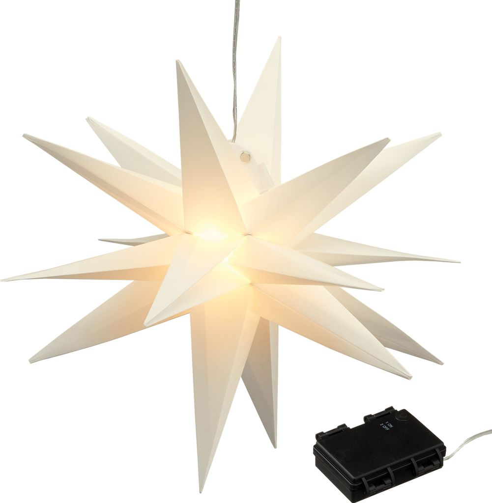 A white, 15-pointed star-shaped LED light with a battery pack.