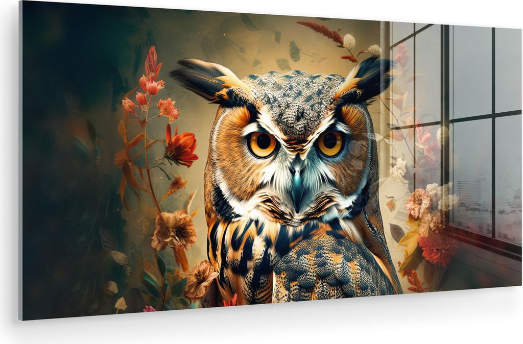 MuchoWow Glasbilder - Bilder auf Wandbild - Foto auf Glas Eule - Vogel - Blumen - Botanisch 80x40 cm Wanddekoration aus Glas - Acrylglasbild - Acry...