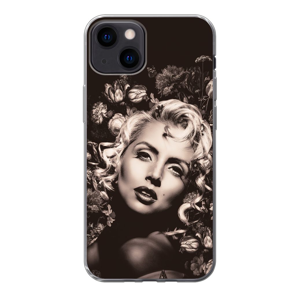 MuchoWow Handyhülle Schutzhülle Hülle für iPhone 13 Frau - Blumen - Schmetterling Silikon Softcase Handy Hülle - Karteninhaber
