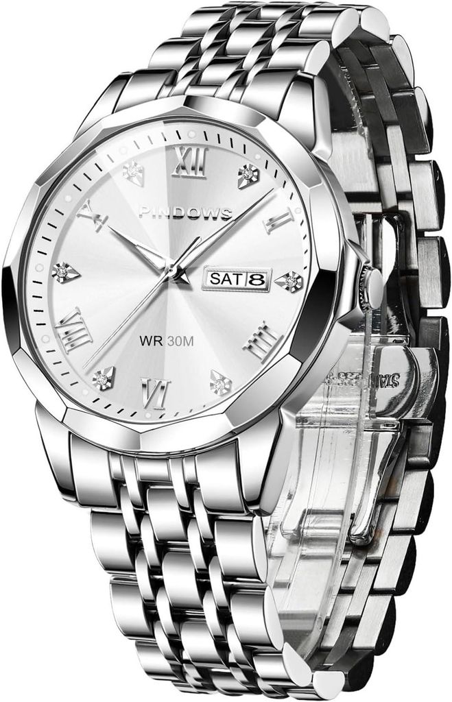 Watch für Herren, Quarz-Chronograph mit Datum, großes Zifferblatt, wasserdichte Business-Armbanduhr, Edelstahlarmband, Leuchtzeiger, Diamant-Akzente