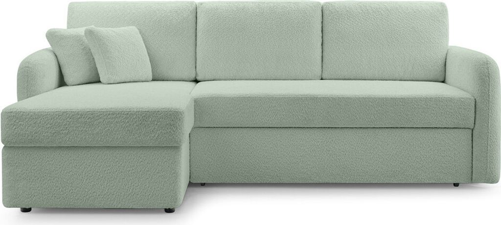 Best Möbel Pocatello - 4-Sitzer Ecksofa beidseitig montierbar - Schlaffunktion und Bettkasten - aus Bouclé-Stoff , Salbeigrün