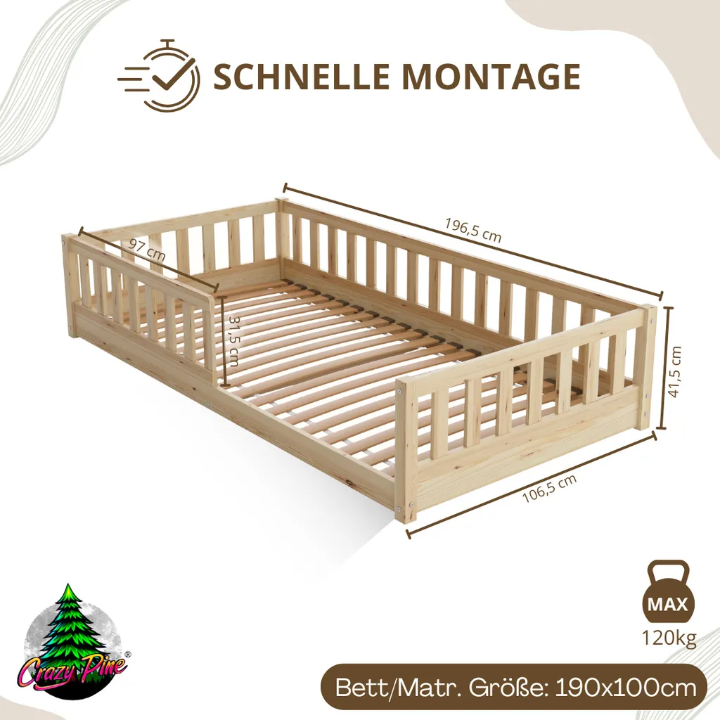 Crazy Pine Lit Enfant 190x100 cm Lit de Sol Montessori Bois Crazy Basic - 2