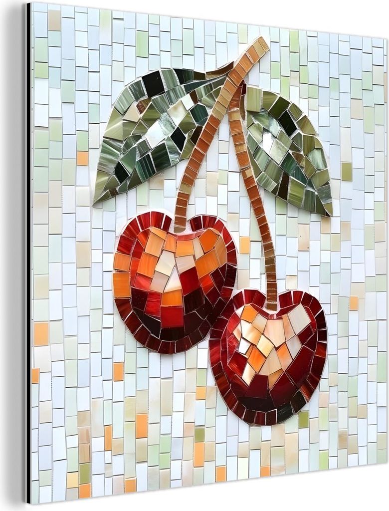 MuchoWow Wanddekoration Metall Metallbild Wandkunst 20x20 cm Kirsche - Rot - Mosaik - Blätter MuchoWow Aluminium Gemälde - Alu Dibond Bilder