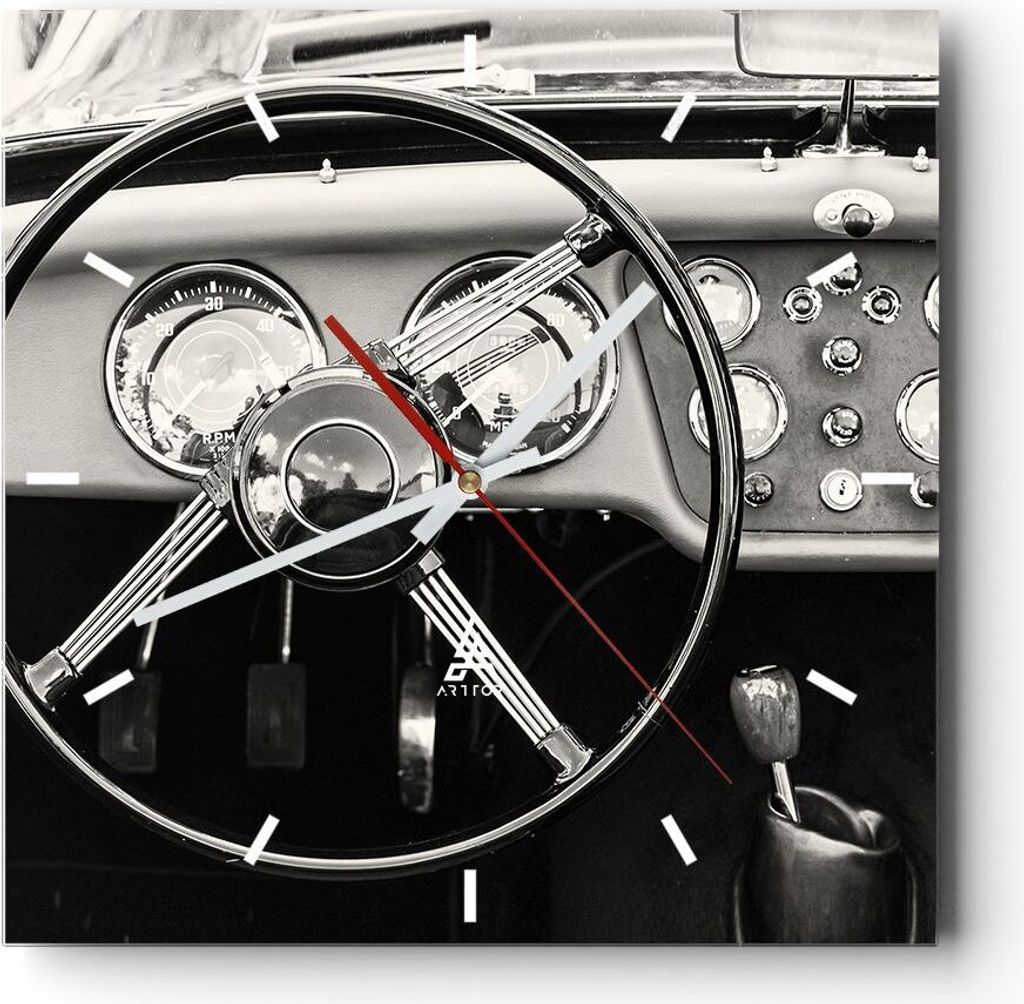 Wanduhr - Quadrat - Glasuhr - Lenkrad Auto Vintage - 40x40cm - Schleichendes Uhrwerk - Lautlos - zum Aufhängen bereit - Dekoration Modern - Wandde...
