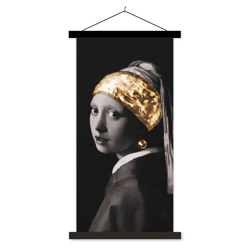 MuchoWow Textilposter Malerei - Gold - Schwarz - Weiß 40x80 cm mit schwarzem Rahmen - Wandemalerei