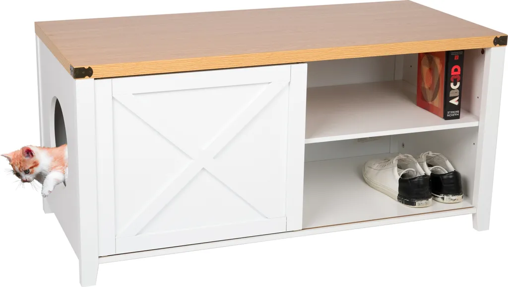 Cache-litière chat XXL banc d'entrée et meuble chaussures blanc marron