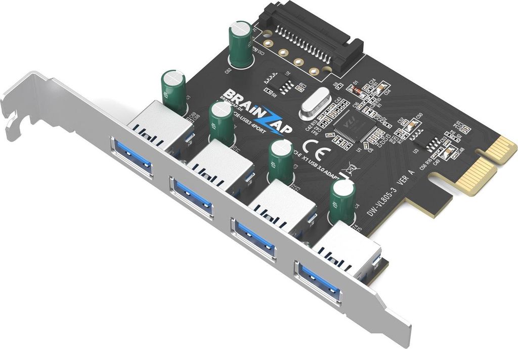 BRAINZAP PCI-Express 3.0 x1 4-Port USB 3.2 Gen1 / USB 3.0 Adapter Karte Erweiterungskarte PCI-E PCIe PC VIA VL805