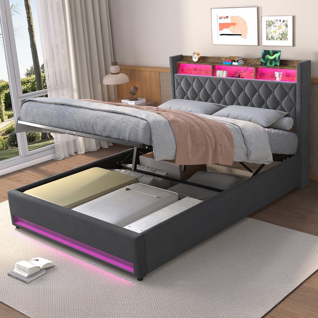 okwish Lit à coussins 160×200 cm avec éclairage LED, ports Image du produit 
