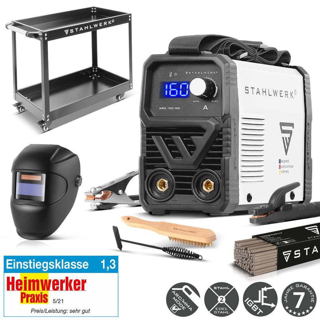 STAHLWERK Elektroden-Schweißgerät ARC 160 MD – Vollausstattung mit Gerätewagen – MMA (E-Hand) bis 160 A, flexibel einsetzbar ohne Gas, DC WI...