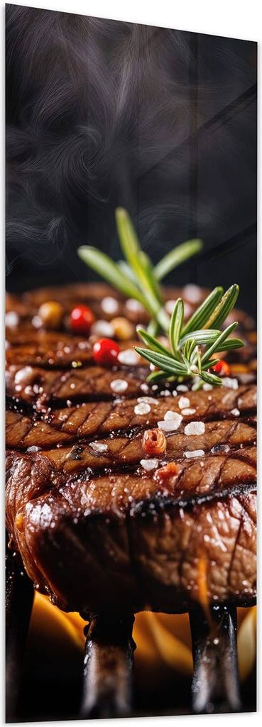 Glasbild 50x125cm in XXL für Wohnzimmer, Schlafzimmer Motiv Gegrillte Steaks