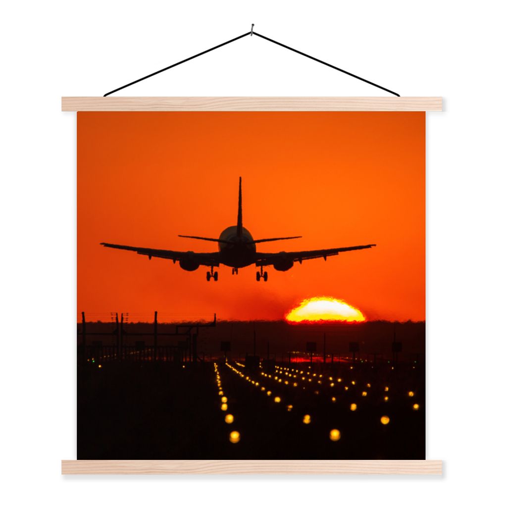 MuchoWow Textilposter Sonnenuntergang - Flugzeug - Orange - Sonne 40x40 cm mit holzfarbenen Rahmen - Posterleiste
