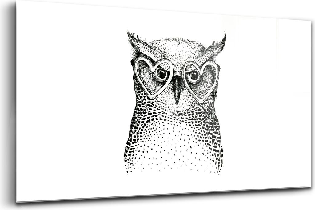 120x60 - Glasbilder - Bilder auf Wandbild - Foto auf Glas - Hand gezeichnet schwarz weiß Illustration Eule fliegen Vogel