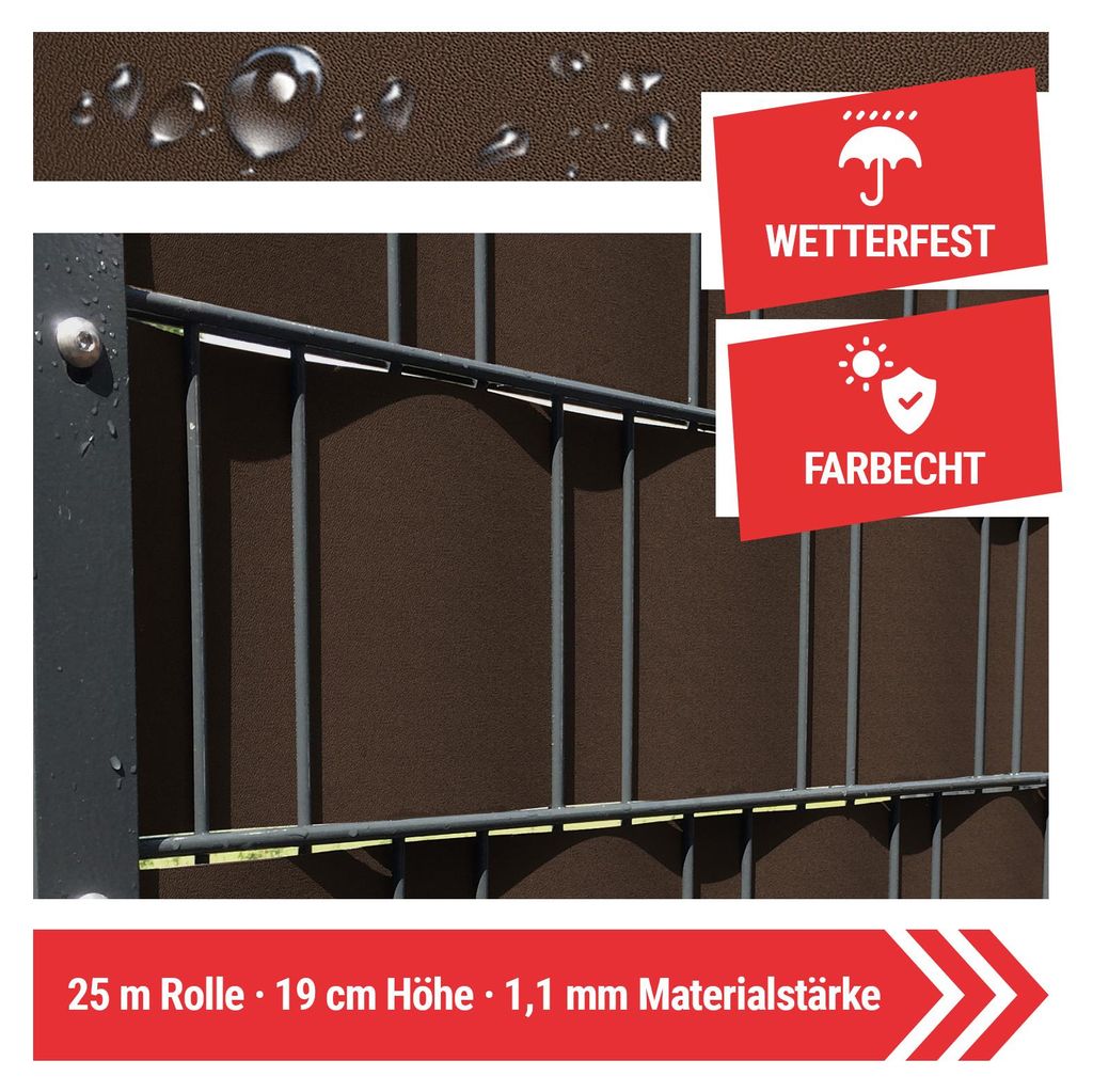 Arvotec Sichtschutzstreifen | 25m Rolle, Nussbraun | besonders Stark mit 1,1 mm, keine Klemmschienen nötig | UV- und witterungsbeständig