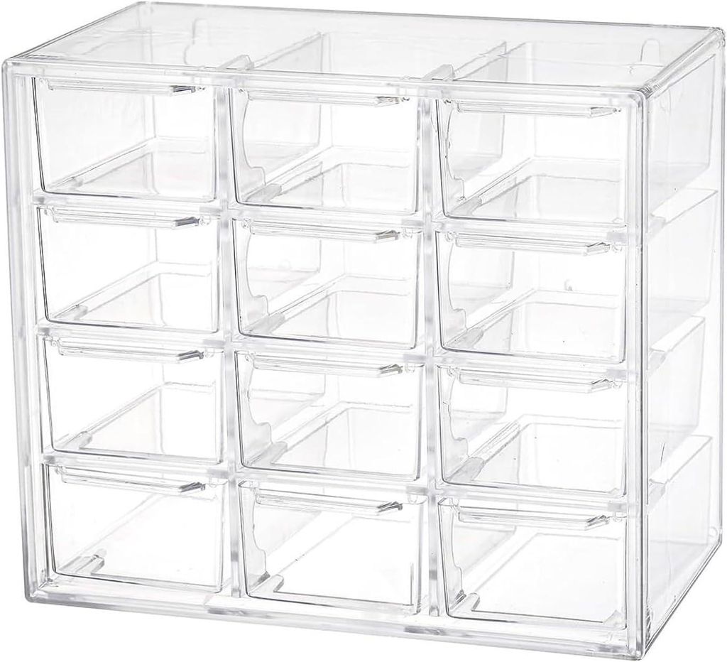 Set aus 12 stapelbaren, transparenten Schubladen zur Aufbewahrung von Schmuck, Perlen, Werkzeugen oder Make-up, zur Verwendung auf einem Schminktis...