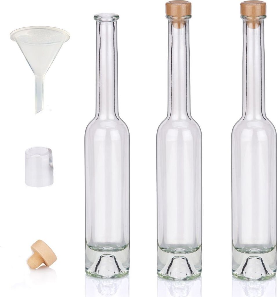 Flaschen Set Glasflaschen leer je 100ml mit Trichter Korken & Kapseln, 3 Likörflaschen