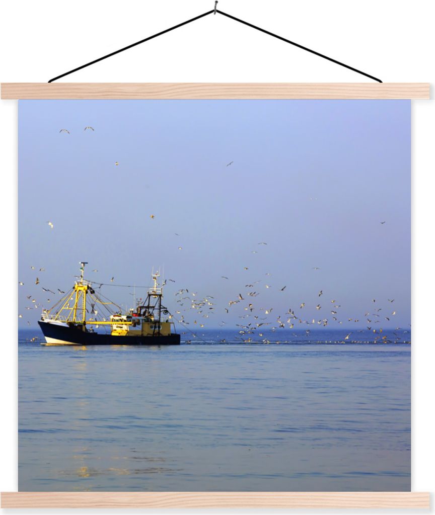 MuchoWow Textilposter Nordsee - Fischerboot - Vogel 60x60 cm mit holzfarbenen Rahmen - Wanddekoration