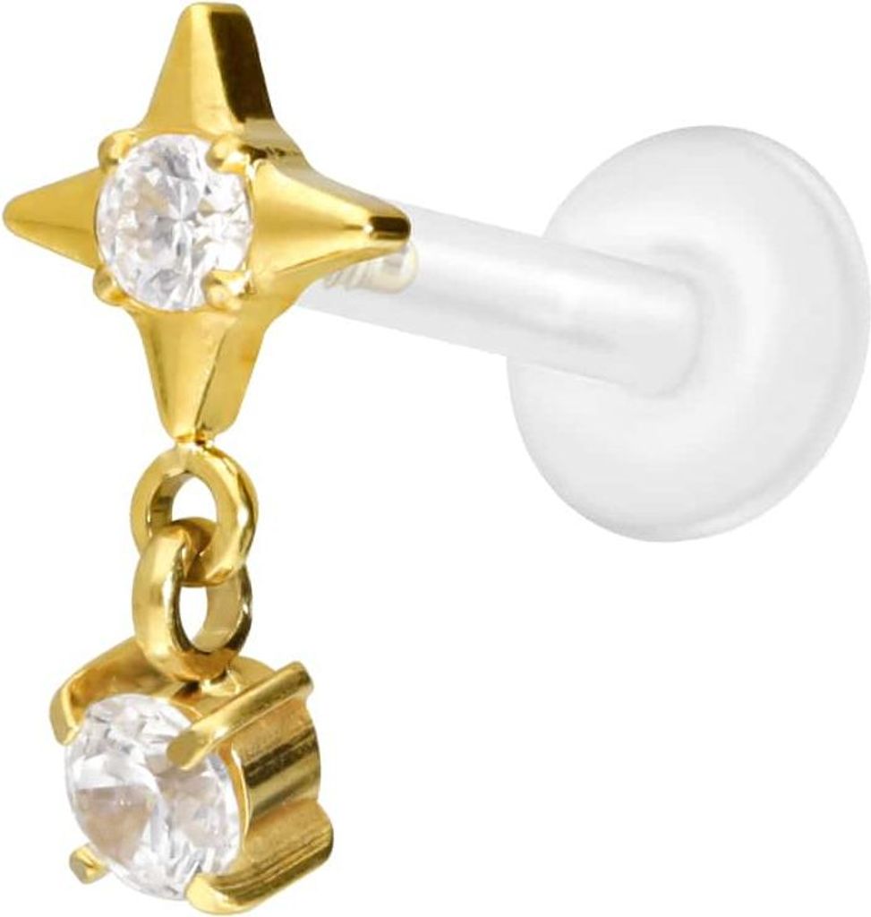 Ohrpiercing, Nasenpiercing PTFE Labret mit Innengewinde + Titan-Aufsatz STERN + KRISTALL Gold Stablänge: 8mm | Stabstärke: 1,2mm