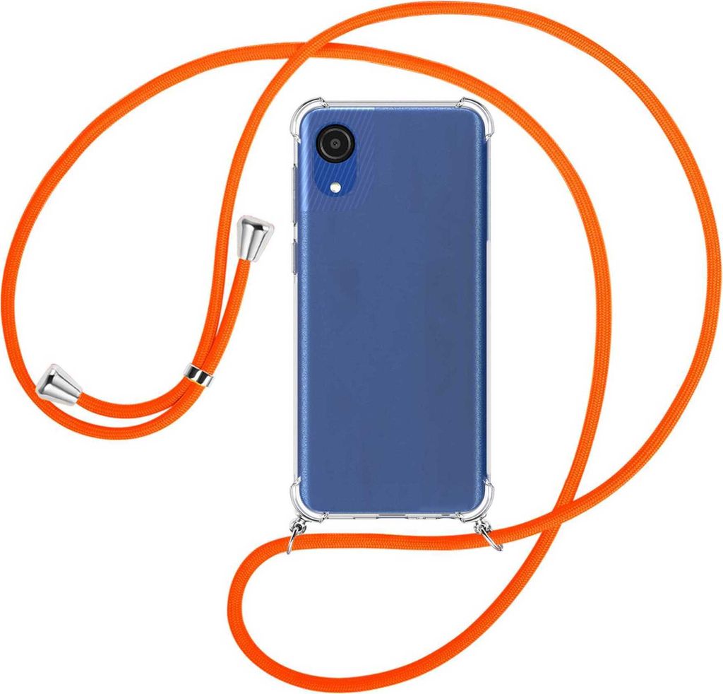 Handykette Backcover-Schutzhülle mit Band (Metall silberfarben) für Samsung Galaxy A03 Core (SM-A032 6.5'') - neonorange