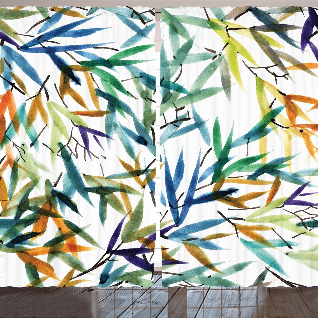 ARANDE traditionell Gardine, Bunte Bambus Baum Blätter Hand gezeichnete Stil spirituelle Pflanzen Bild drucken, 280 x 245 cm, Mehrfarbig