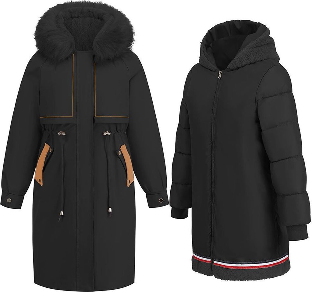 ASKSA Winterjacke Damen Kapuzen Fleece Gefüttert Parka Mantel Jacke, Schwarz, XL