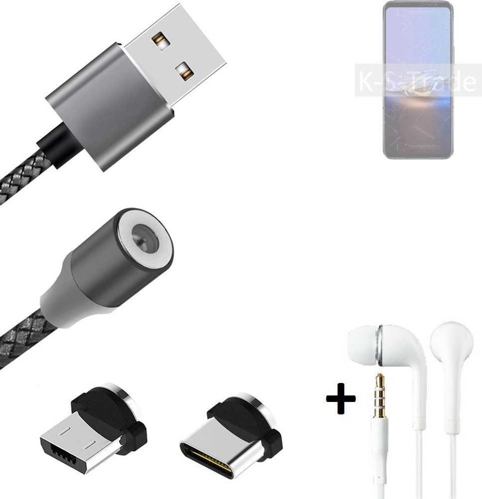 K-S-Trade Hochwertiges Magnet-Lade-kabel Sync-Kabel Daten-Kabel + Kopfhörer kompatibel mit Asus ROG Phone 6D Ultimate mit USB-Typ-C-Anschluss und