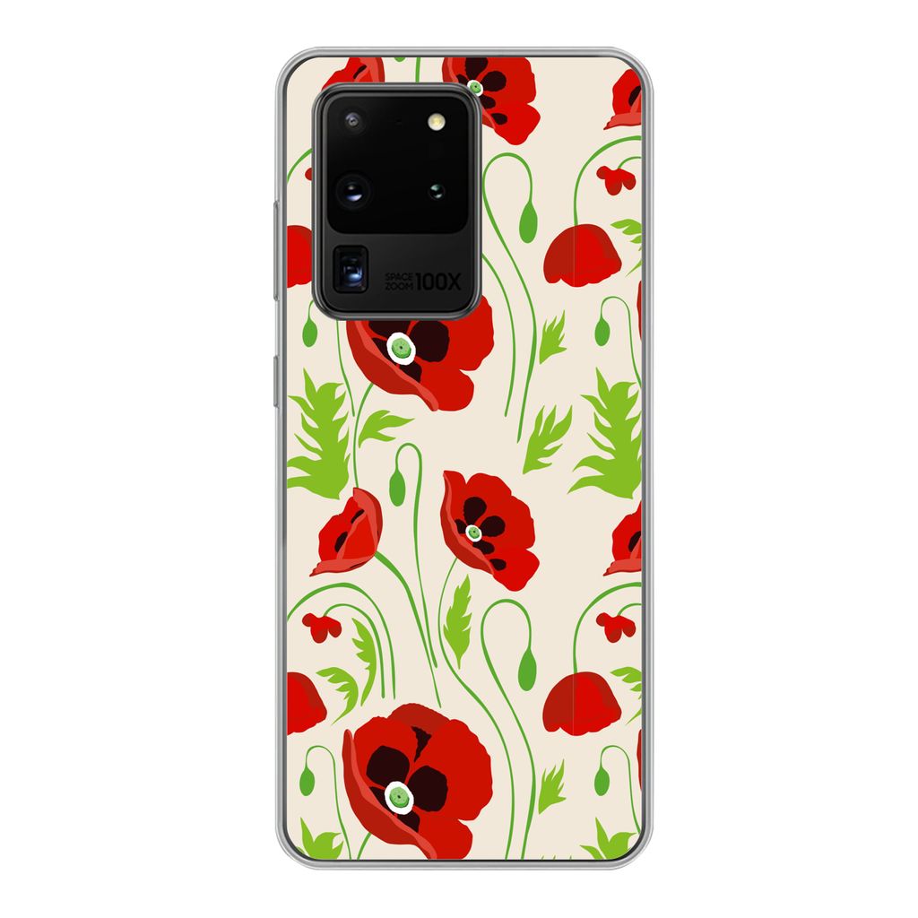 MuchoWow Handyhülle Schutzhülle Hülle für Samsung Galaxy S20 Ultra Blumen - Mohn - Muster Silikon Softcase Handy Hülle - Karteninhaber