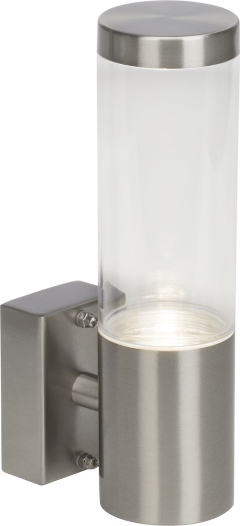A modern outdoor wall light with a brushed stainless steel base and a clear glass cylinder.