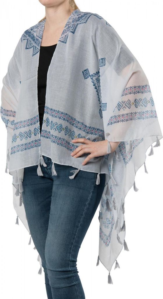 styleBREAKER leichter Sommer Poncho mit Ethno Muster, Quasten, Strand, Boho Style, Damen 08010022