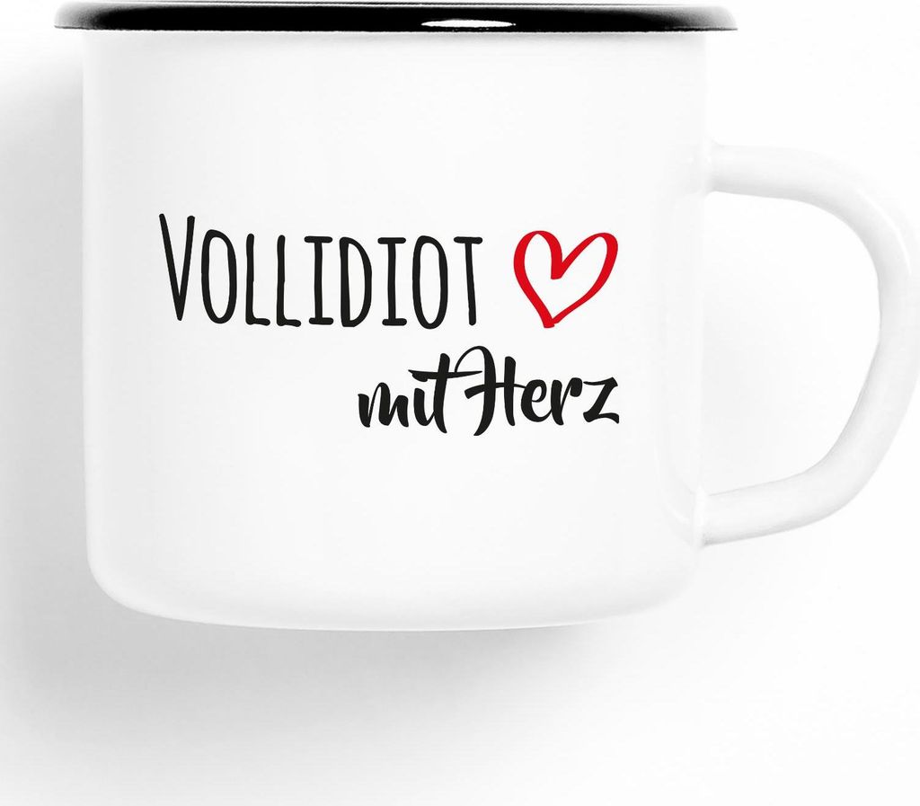 Huuraa Emaille Tasse Vollidiot Geschenk Kaffeebecher Vintage 300ml Vollidiot Präsent