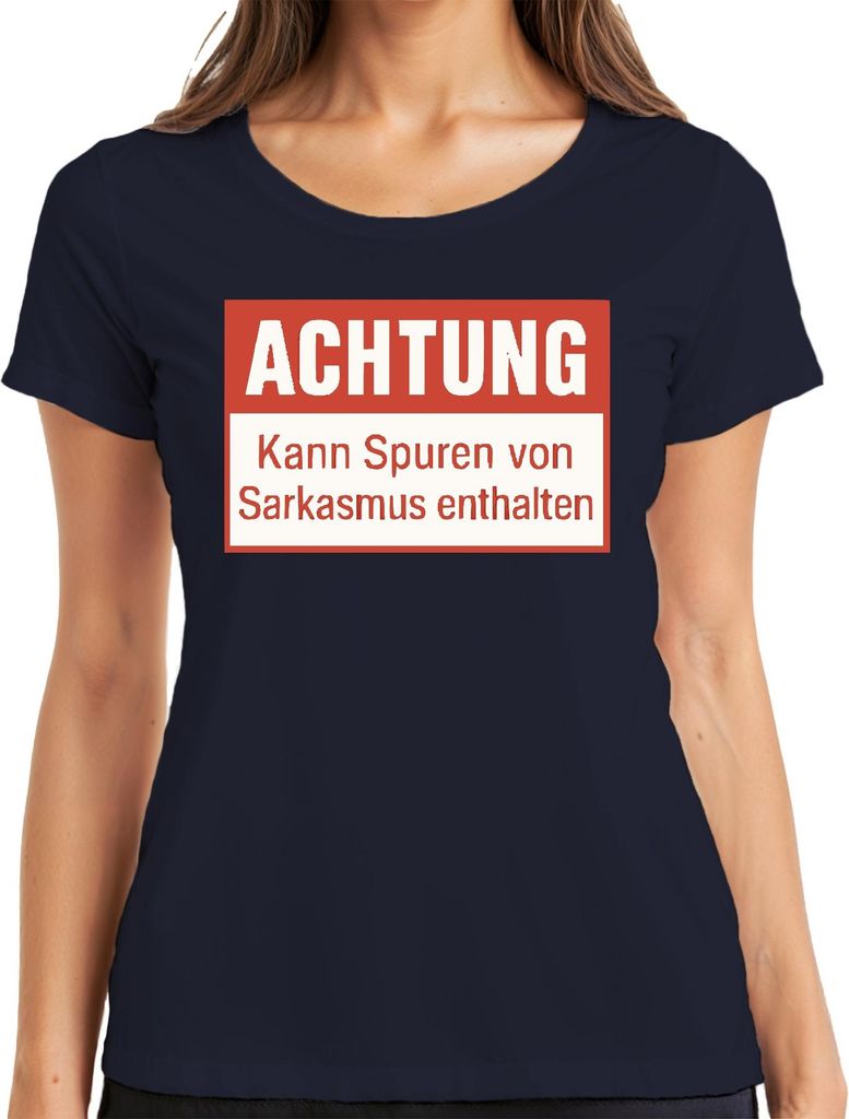 Achtung Spuren von Sarkasmus enthalten lustig sarkastisch humor Damen T-Shirt, Navy, L