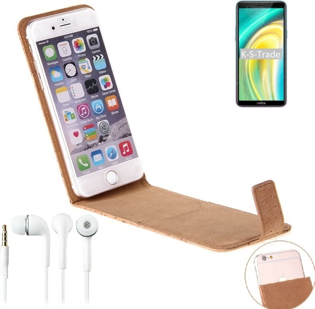 K-S-Trade Schutzhülle mit Kopfhörer kompatibel mit TP-LINK Neffos A5 Handyhülle Cover Kork Tasche Flipstyle Case