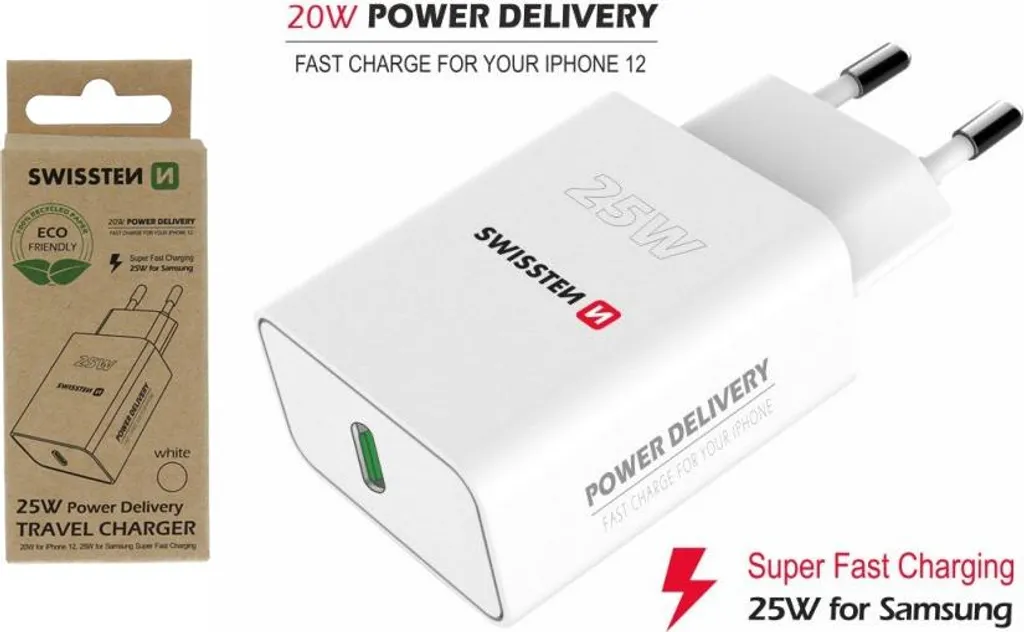 Caricatore Rapido 25W PD USB-C Bianco per iPhone e Samsung Eco
