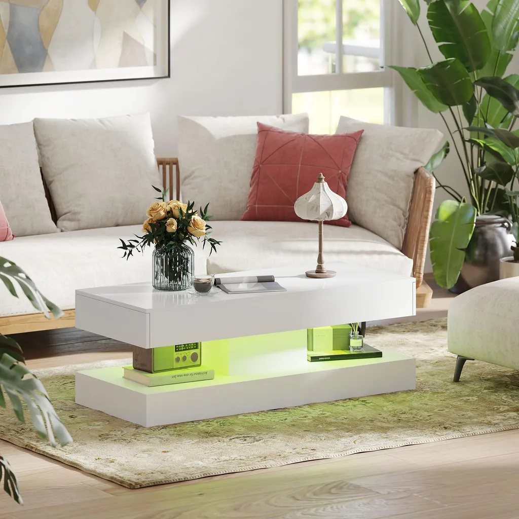 Table basse design laquée avec LED intégrées et étagère de rangement