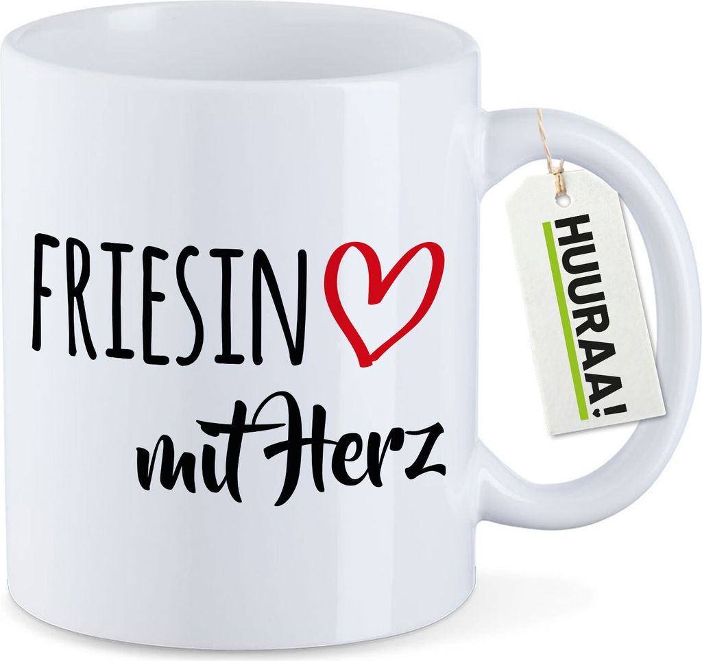 Huuraa Kaffeetasse Friesin mit Herz 330ml Weiß Keramik Kaffeebecher Geschenkidee
