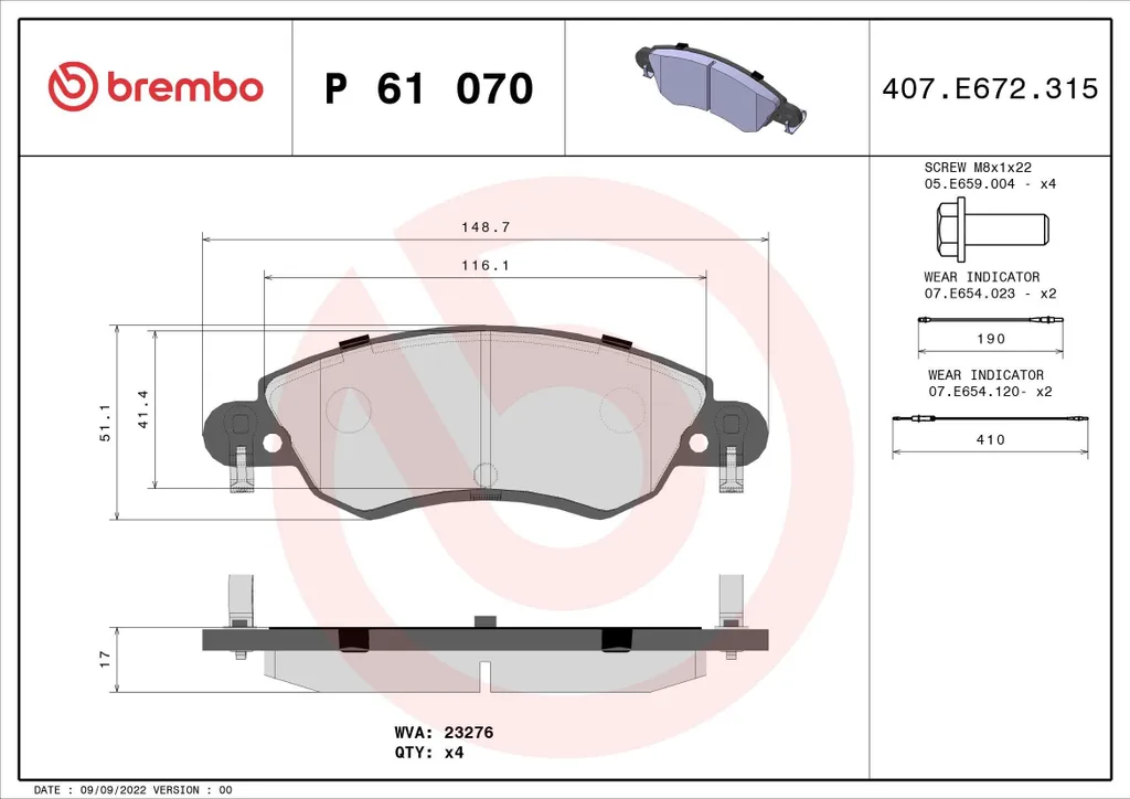 Plaquettes Brembo P 61 070 haute performance OE 1624233980 pour C5 I