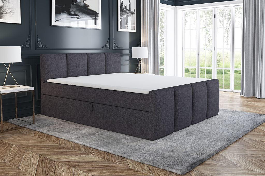 Boxspringbett ECOS 200x200 mit 2 Bettkästen, Bonell-Matratze und Topper. Farbe: Dunkelgrau.