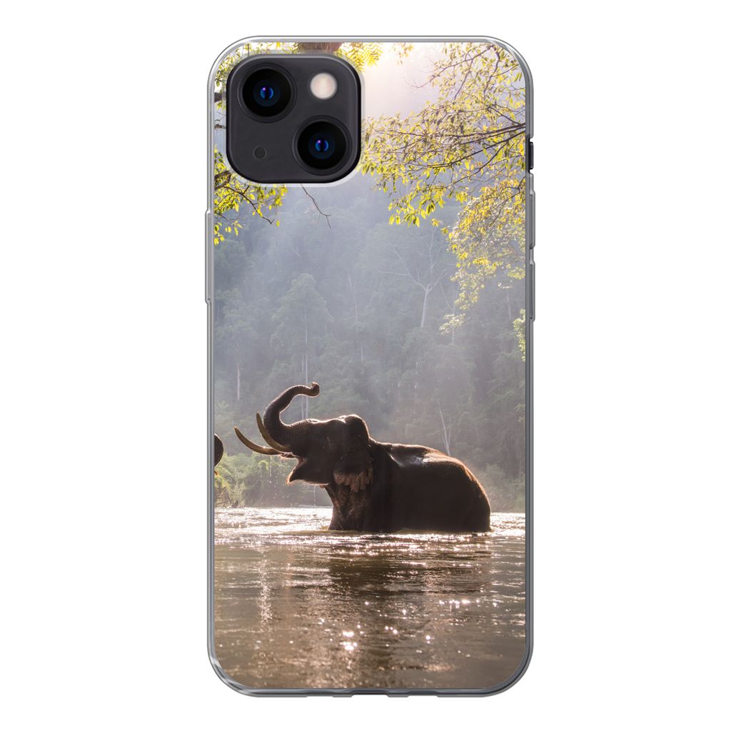 MuchoWow Handyhülle Schutzhülle Hülle für iPhone 13 mini Elefant - Wasser - Tiere - Bäume - Sonne Silikon Softcase Handy Hülle - Softcase