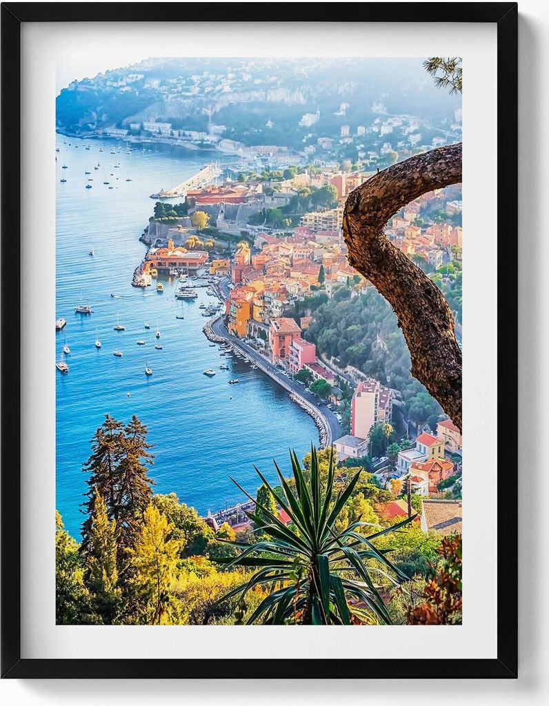 Dorf von Villefranche-sur-Mer– Wandbild mit Rahmen – Gerahmtes Bild – Wanddekoration – 60x80 cm – Schwarz Rahmen