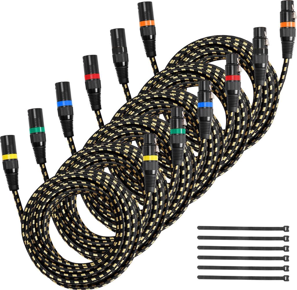 VEVOR XLR-Kabel 7,62 m, 6er-Pack, geschirmte symmetrische DMX-Mikrofonkabel (Stecker auf Buchse), vergoldete 3-polige XLR-Mikrofon-Lautsprecherkabe...