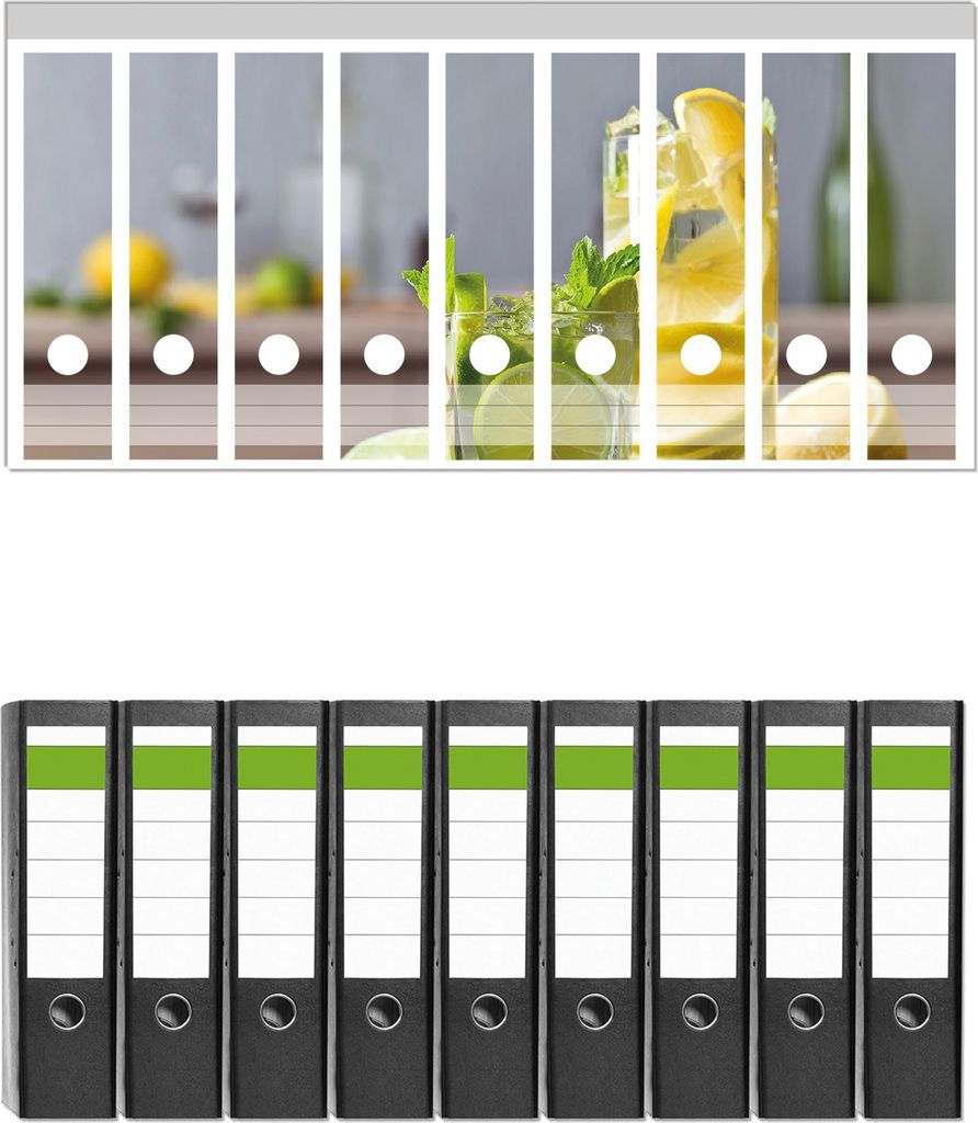 Wallario 9 Stück breite Ordner inkl. Klebeetiketten mit Motive Cocktails mit Limetten und Zitronen - Set mit Rückenschildern / Ordnerrücken Stic...