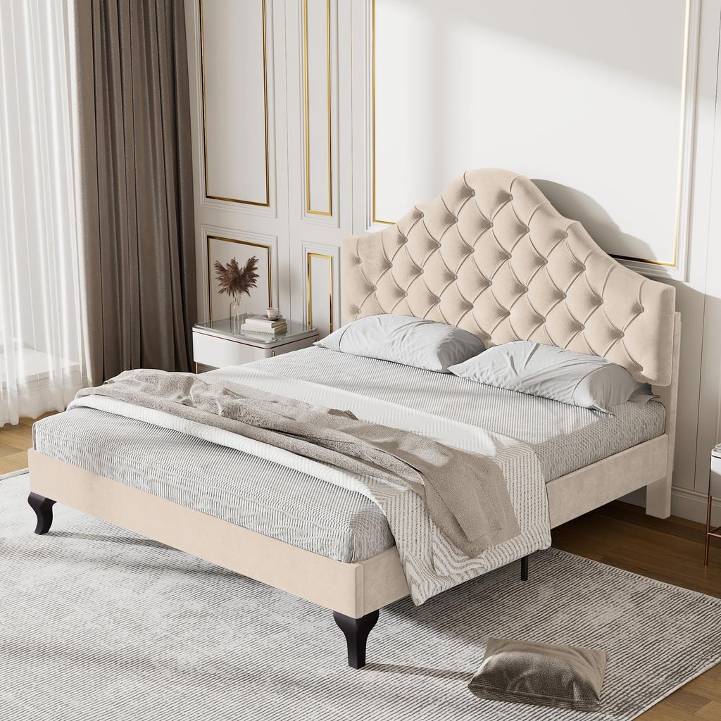 Polsterbett 140 x 190 mit Lattenrost und Kopfteil, Polsterbett mit höhenverstellbarem Kopfteil, beige