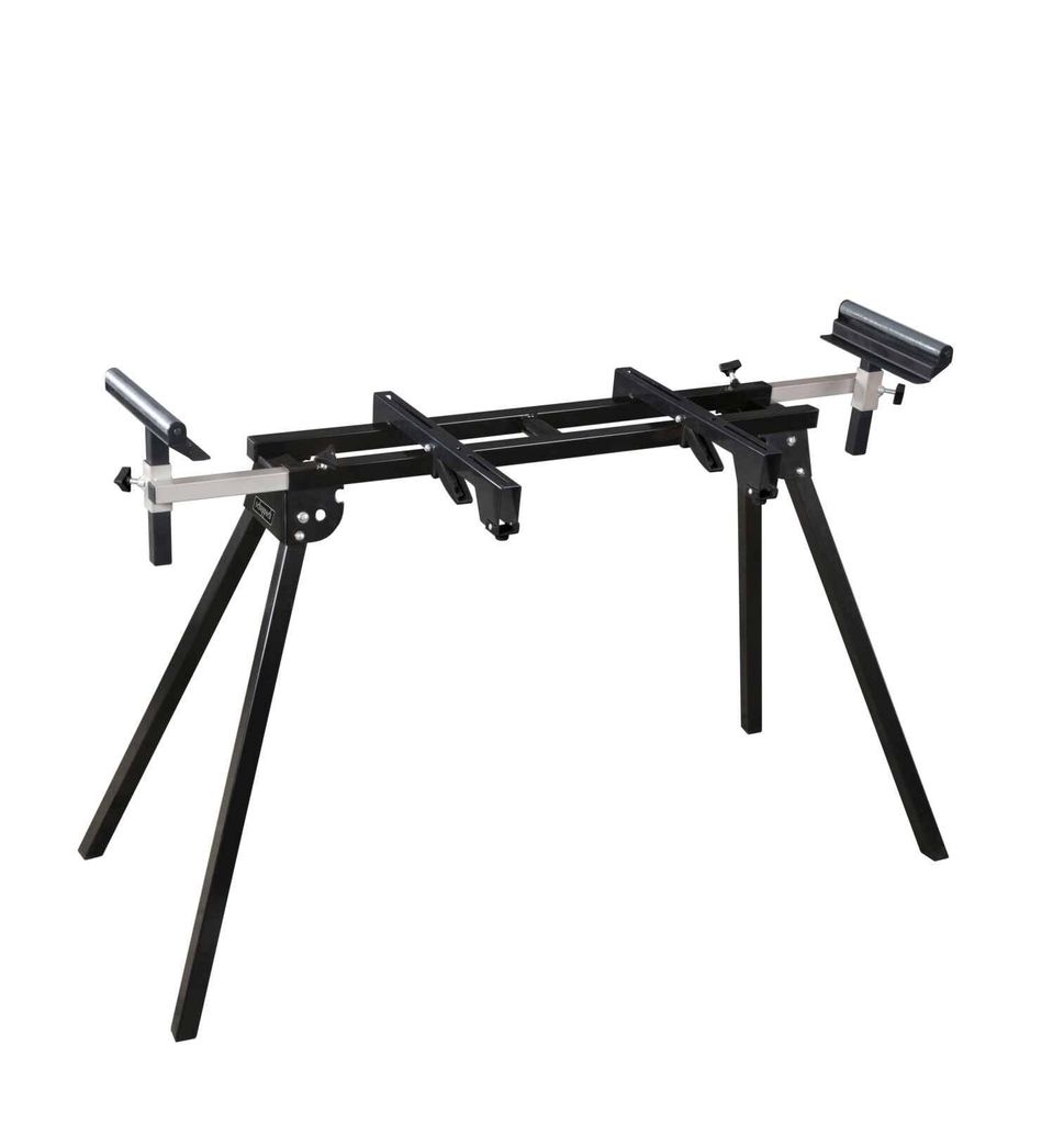 A black and silver miter saw stand is shown against a white background.