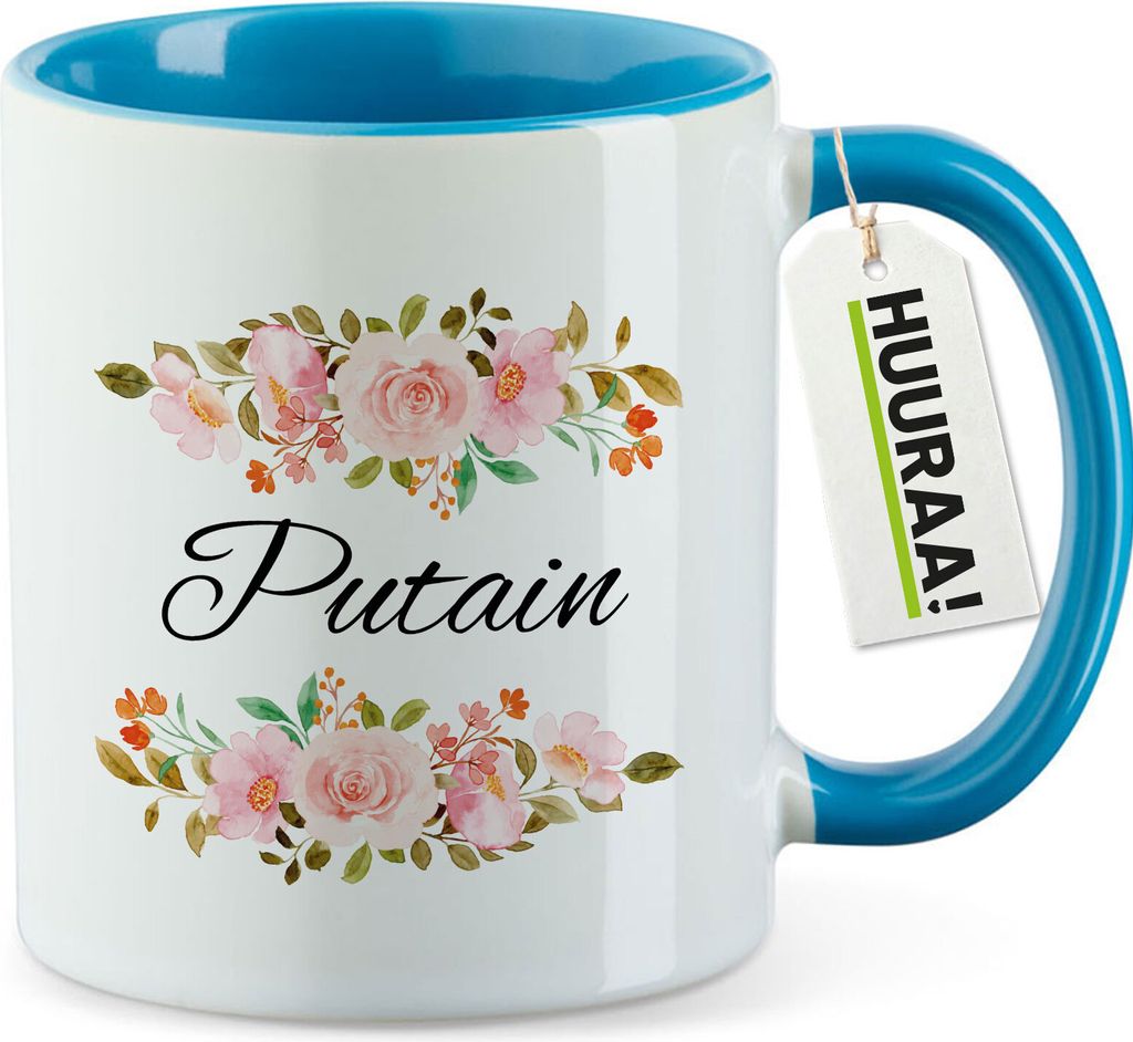 Huuraa Kaffeetasse Putain französisch Blumen 330ml Blau Keramik Kaffeebecher Geschenkidee