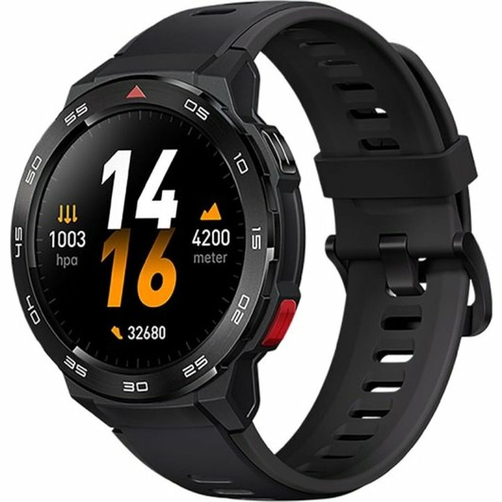 A black smartwatch with a black strap is shown against a black background. The watch face displays time, date, and other metrics.