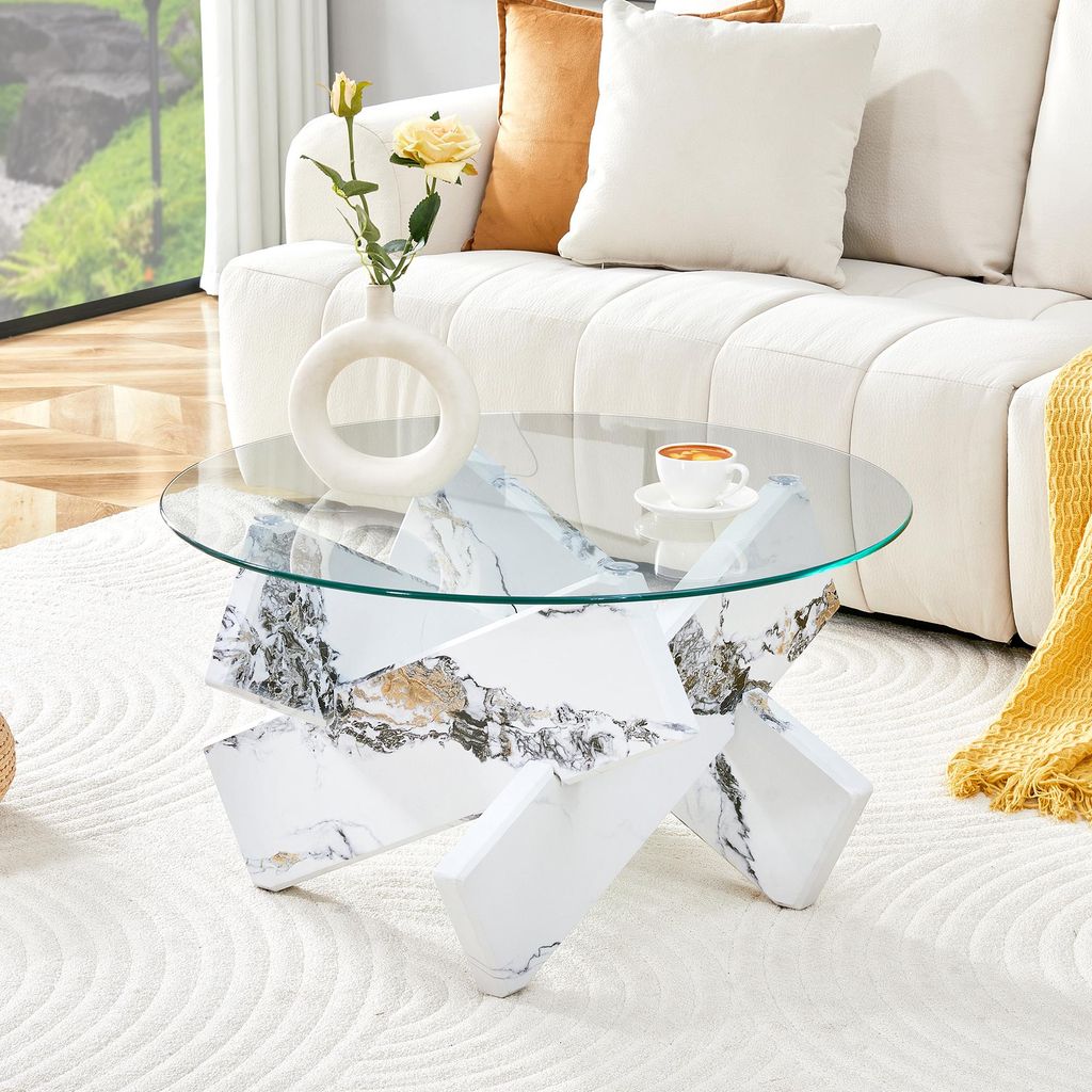 Runder Couchtisch 79 cm, Glas+MDF, weiße Marmor-Optik, elegantes Design